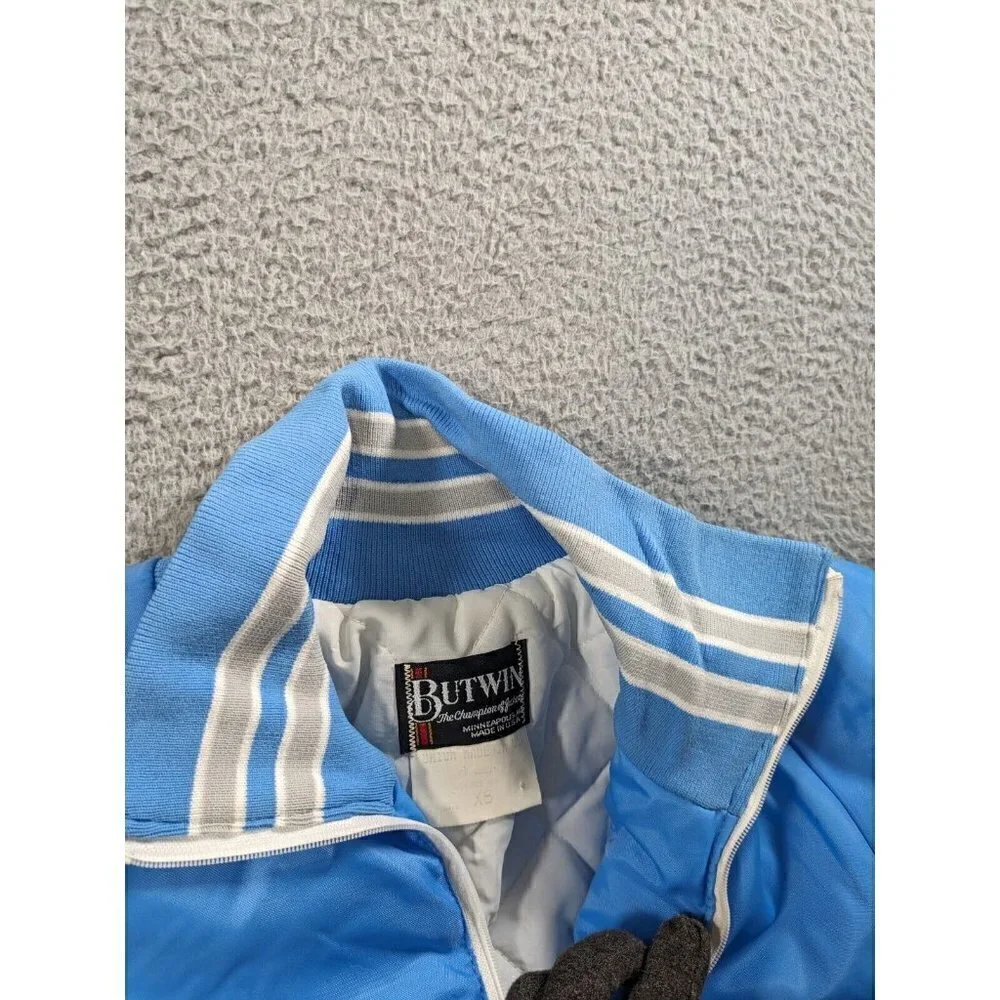Vintage Butwin Jacket XS Nylon Varsity Style Lined  Front Zip Pocket Blue Gray